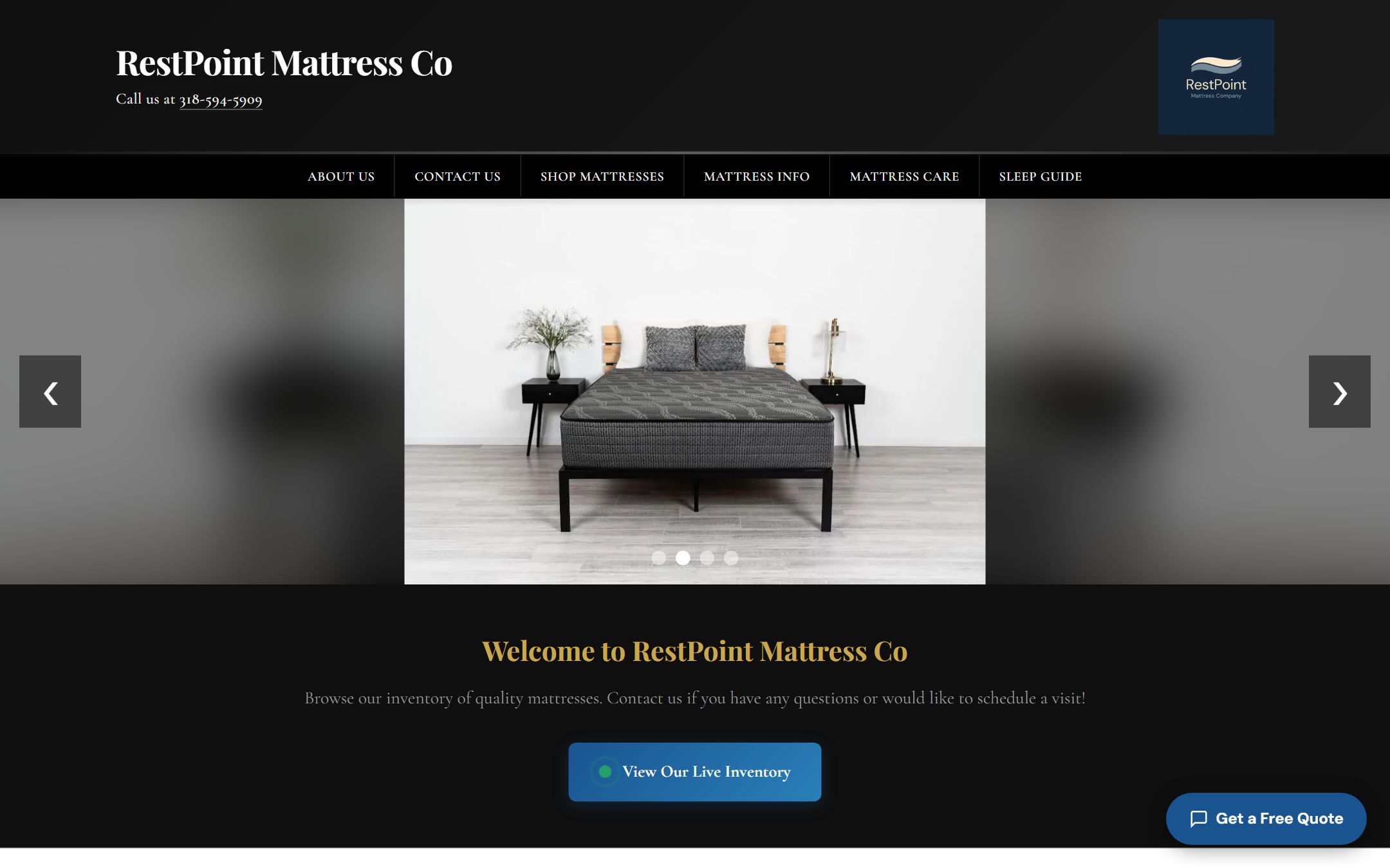BedSync's demo store, RestPoint Mattress Co, on a desktop browser